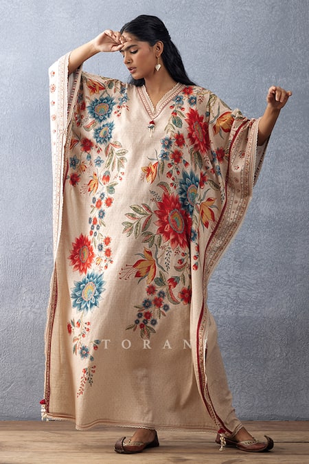 Buy Torani Beige Cotton, Silk Tassels Scoop Neck Badami Viras Printed Kaftan Online at Aza Fashions Buy_Torani_Beige Cotton, Silk Tassels Scoop Neck Badami Viras Printed Kaftan _Online_at_Aza_Fashions