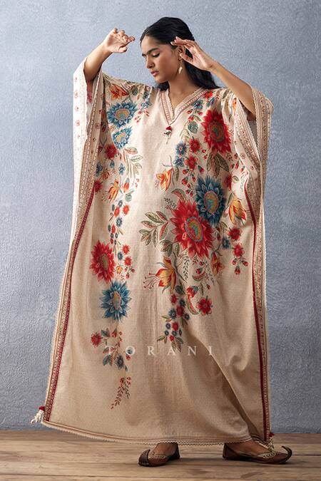 Shop Torani Beige Cotton, Silk Tassels Scoop Neck Badami Viras Printed Kaftan Online at Aza Fashions Shop_Torani_Beige Cotton, Silk Tassels Scoop Neck Badami Viras Printed Kaftan _Online_at_Aza_Fashions