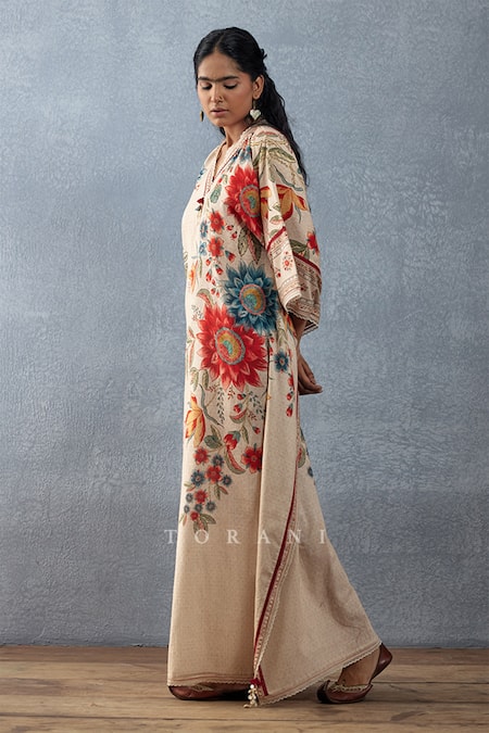 Torani Beige Cotton, Silk Tassels Scoop Neck Badami Viras Printed Kaftan at Aza Fashions Torani_Beige Cotton, Silk Tassels Scoop Neck Badami Viras Printed Kaftan _at_Aza_Fashions