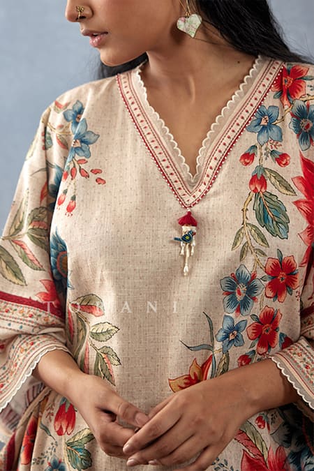 Buy Torani Beige Cotton, Silk Tassels Scoop Neck Badami Viras Printed Kaftan Buy_Torani_Beige Cotton, Silk Tassels Scoop Neck Badami Viras Printed Kaftan