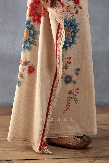 Shop Torani Beige Cotton, Silk Tassels Scoop Neck Badami Viras Printed Kaftan Shop_Torani_Beige Cotton, Silk Tassels Scoop Neck Badami Viras Printed Kaftan