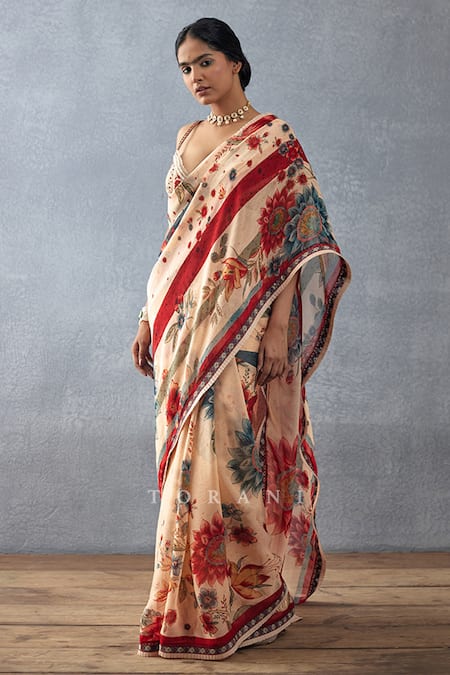 Buy_Torani_Beige Organza, Embroidery Badami Mridhini Printed Saree With Blouse_Online_at_Aza_Fashions
