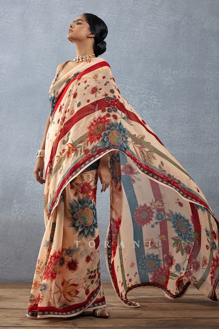 Torani_Beige Organza, Embroidery Badami Mridhini Printed Saree With Blouse_at_Aza_Fashions