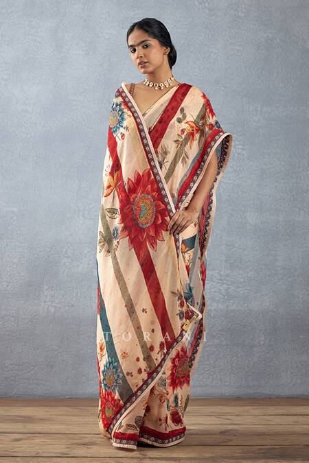 Buy_Torani_Beige Organza, Embroidery Badami Mridhini Printed Saree With Blouse
