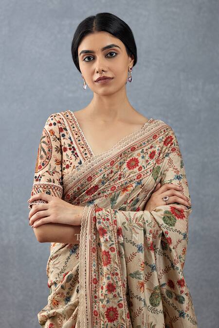 Torani_Beige Chanderi, Cotton, Silk Embroidery Badami Phoolan Printed Saree With Blouse_Online_at_Aza_Fashions