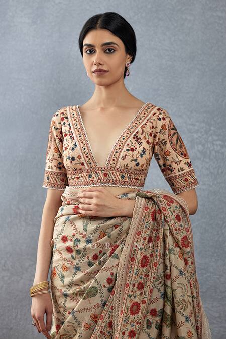Shop_Torani_Beige Chanderi, Cotton, Silk Embroidery Badami Phoolan Printed Saree With Blouse_Online_at_Aza_Fashions