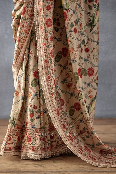 Torani_Beige Chanderi, Cotton, Silk Embroidery Badami Phoolan Printed Saree With Blouse_at_Aza_Fashions