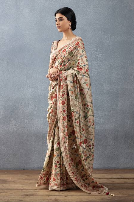 Buy_Torani_Beige Chanderi, Cotton, Silk Embroidery Badami Phoolan Printed Saree With Blouse