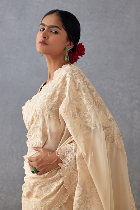 Buy_Torani_Beige Silk Organza Embroidery Asymmetric Mradu Advika Saree With Blouse_Online_at_Aza_Fashions