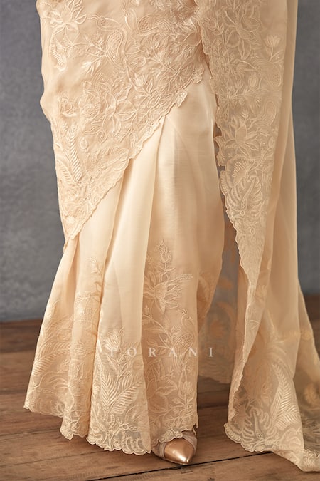Shop_Torani_Beige Silk Organza Embroidery Asymmetric Mradu Advika Saree With Blouse_Online_at_Aza_Fashions