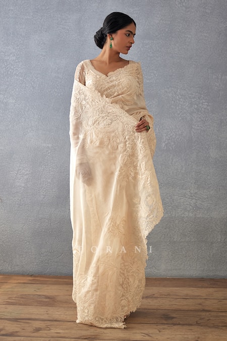 Torani_Beige Silk Organza Embroidery Asymmetric Mradu Advika Saree With Blouse_at_Aza_Fashions