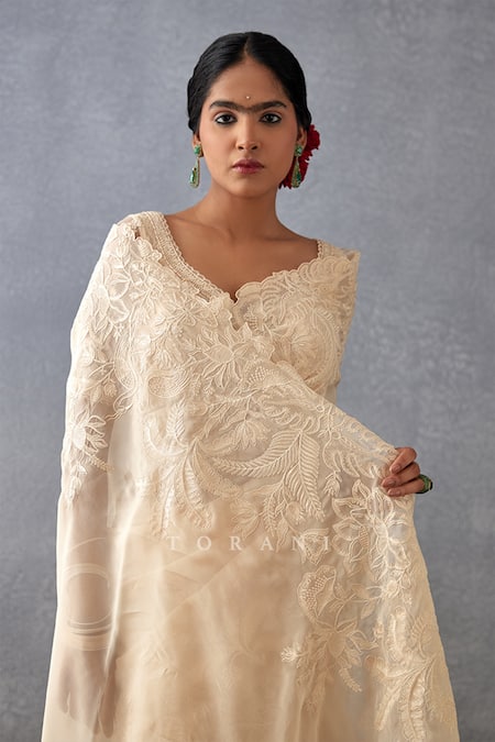 Buy_Torani_Beige Silk Organza Embroidery Asymmetric Mradu Advika Saree With Blouse