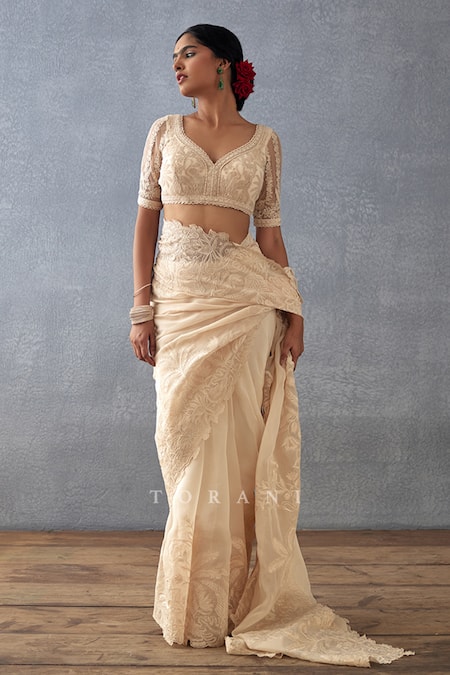 Shop_Torani_Beige Silk Organza Embroidery Asymmetric Mradu Advika Saree With Blouse