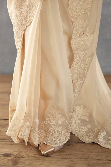 Buy_Torani_Beige Silk Organza, Handloom Cotton Mradu Afrah Saree With Puff Sleeve Blouse_Online_at_Aza_Fashions