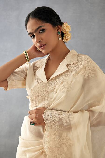 Shop_Torani_Beige Silk Organza, Handloom Cotton Mradu Afrah Saree With Puff Sleeve Blouse_Online_at_Aza_Fashions