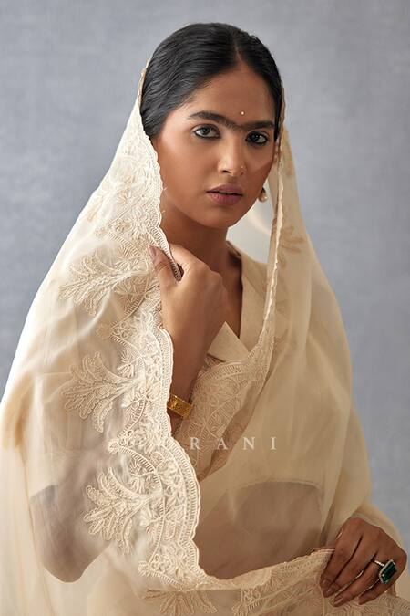 Torani_Beige Silk Organza, Handloom Cotton Mradu Afrah Saree With Puff Sleeve Blouse_at_Aza_Fashions