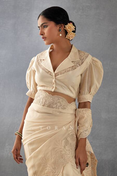 Buy_Torani_Beige Silk Organza, Handloom Cotton Mradu Afrah Saree With Puff Sleeve Blouse