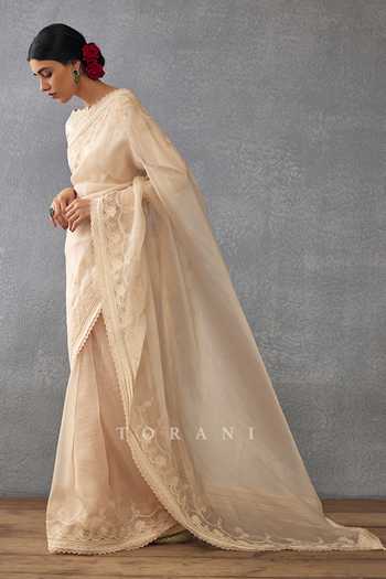 Shop_Torani_Beige Silk Organza, Cotton, Chanderi Embroidery, Mradu Afroza Saree With Blouse_Online_at_Aza_Fashions