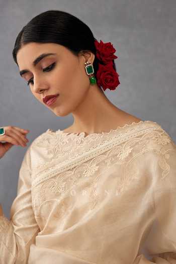 Buy_Torani_Beige Silk Organza, Cotton, Chanderi Embroidery, Mradu Afroza Saree With Blouse