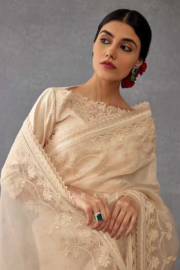 Shop_Torani_Beige Silk Organza, Cotton, Chanderi Embroidery, Mradu Afroza Saree With Blouse