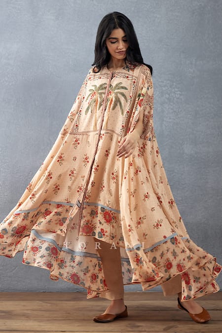 Torani_Beige Cotton, Silk Embroidery Round Neck Badami Maya Printed Kurta And Pant Set _Online_at_Aza_Fashions