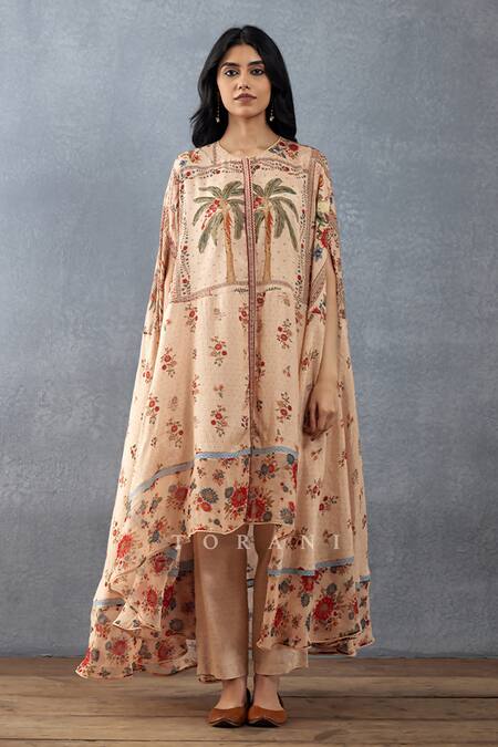 Buy_Torani_Beige Cotton, Silk Embroidery Round Neck Badami Maya Printed Kurta And Pant Set _Online_at_Aza_Fashions