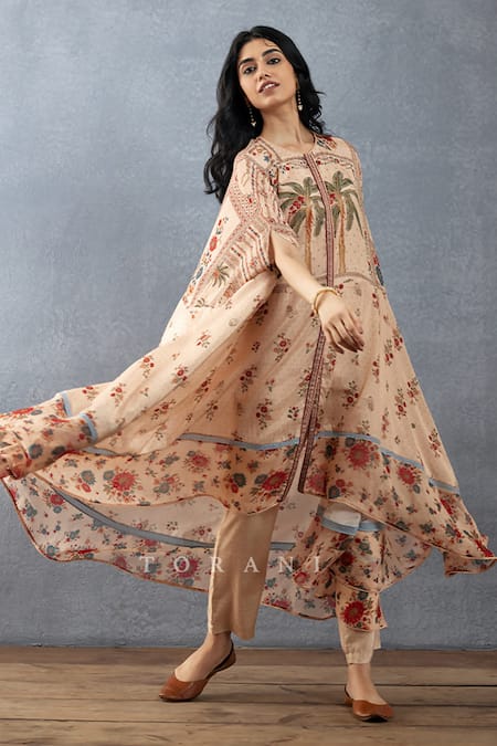 Shop_Torani_Beige Cotton, Silk Embroidery Round Neck Badami Maya Printed Kurta And Pant Set _Online_at_Aza_Fashions