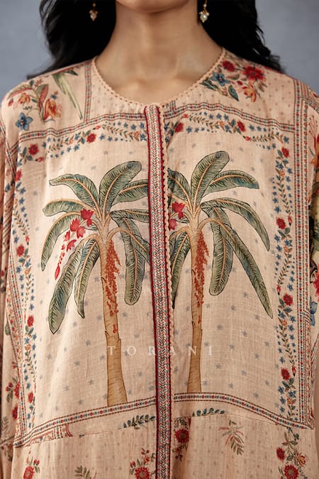 Torani_Beige Cotton, Silk Embroidery Round Neck Badami Maya Printed Kurta And Pant Set _at_Aza_Fashions