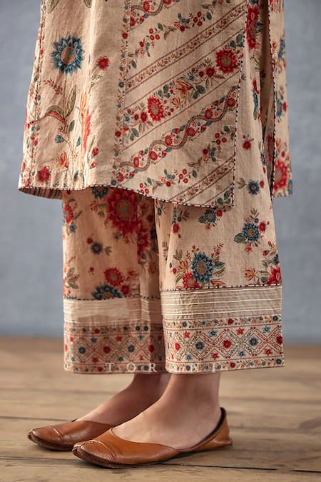 Torani_Beige Cotton, Silk Embroidery, Tassels Badami Abhidah Printed Kurta Pant Set _Online_at_Aza_Fashions