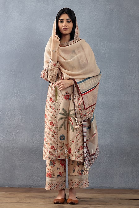 Buy_Torani_Beige Cotton, Silk Embroidery, Tassels Badami Abhidah Printed Kurta Pant Set _Online_at_Aza_Fashions