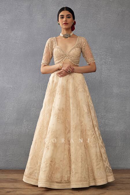Torani_Beige Silk Organza, Cotton, Mradu Pankhuri Botanic Pattern Bridal Lehenga Set_Online_at_Aza_Fashions