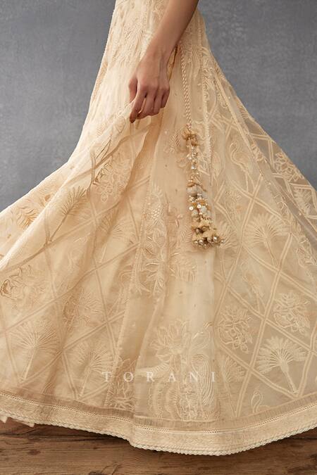 Buy_Torani_Beige Silk Organza, Cotton, Mradu Pankhuri Botanic Pattern Bridal Lehenga Set_Online_at_Aza_Fashions