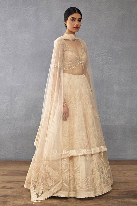 Shop_Torani_Beige Silk Organza, Cotton, Mradu Pankhuri Botanic Pattern Bridal Lehenga Set_Online_at_Aza_Fashions