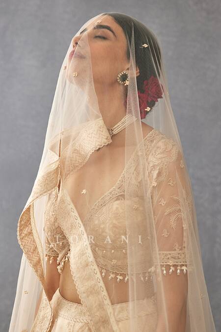 Torani_Beige Silk Organza, Cotton, Mradu Pankhuri Botanic Pattern Bridal Lehenga Set_at_Aza_Fashions