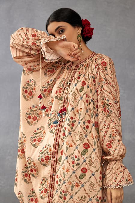 Torani Beige Cotton, Silk Tassels, Embroidery Badami Tarifa Printed Kurta And Pant Set Online at Aza Fashions Torani_Beige Cotton, Silk Tassels, Embroidery Badami Tarifa Printed Kurta And Pant Set _Online_at_Aza_Fashions