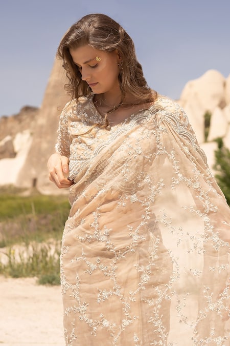 COUTURE BY NIHARIKA_Beige Organza Sequins, Beads Round Neck Floral Embroidered Saree With Blouse _Online_at_Aza_Fashions