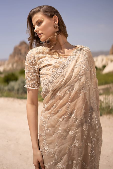 Shop_COUTURE BY NIHARIKA_Beige Organza Sequins, Beads Round Neck Floral Embroidered Saree With Blouse _Online_at_Aza_Fashions