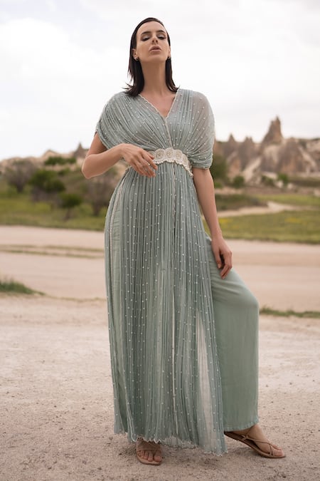 Shop COUTURE BY NIHARIKA Green Chiffon Pearls V-neck Embroidered Cape Pant Set at Aza Fashions Shop_COUTURE BY NIHARIKA_Green Chiffon Pearls V-neck Embroidered Cape Pant Set _at_Aza_Fashions