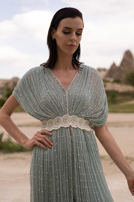 COUTURE BY NIHARIKA Green Chiffon Pearls V-neck Embroidered Cape Pant Set Online at Aza Fashions COUTURE BY NIHARIKA_Green Chiffon Pearls V-neck Embroidered Cape Pant Set _Online_at_Aza_Fashions