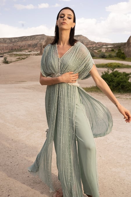 Buy COUTURE BY NIHARIKA Green Chiffon Pearls V-neck Embroidered Cape Pant Set Online at Aza Fashions Buy_COUTURE BY NIHARIKA_Green Chiffon Pearls V-neck Embroidered Cape Pant Set _Online_at_Aza_Fashions