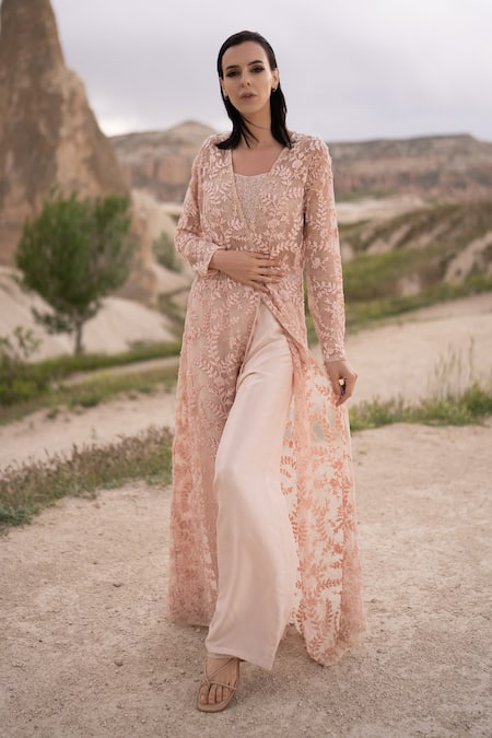 COUTURE BY NIHARIKA Peach Organza, Viscose Embroidery Scoop Neck, Open Hand Floral Jacket Pant Set Online at Aza Fashions COUTURE BY NIHARIKA_Peach Organza, Viscose Embroidery Scoop Neck, Open Hand Floral Jacket Pant Set _Online_at_Aza_Fashions