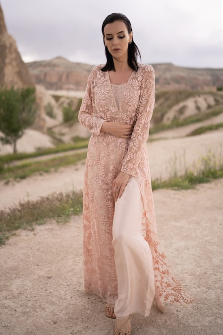 Buy COUTURE BY NIHARIKA Peach Organza, Viscose Embroidery Scoop Neck, Open Hand Floral Jacket Pant Set Online at Aza Fashions Buy_COUTURE BY NIHARIKA_Peach Organza, Viscose Embroidery Scoop Neck, Open Hand Floral Jacket Pant Set _Online_at_Aza_Fashions