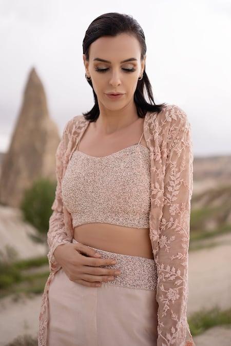 Shop COUTURE BY NIHARIKA Peach Organza, Viscose Embroidery Scoop Neck, Open Hand Floral Jacket Pant Set Online at Aza Fashions Shop_COUTURE BY NIHARIKA_Peach Organza, Viscose Embroidery Scoop Neck, Open Hand Floral Jacket Pant Set _Online_at_Aza_Fashions