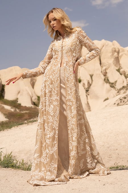 Shop COUTURE BY NIHARIKA Beige Organza Beads Collared Hand Embroidered Jacket Pant Set at Aza Fashions Shop_COUTURE BY NIHARIKA_Beige Organza Beads Collared Hand Embroidered Jacket Pant Set _at_Aza_Fashions