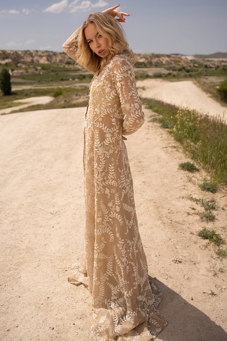 COUTURE BY NIHARIKA Beige Organza Beads Collared Hand Embroidered Jacket Pant Set Online at Aza Fashions COUTURE BY NIHARIKA_Beige Organza Beads Collared Hand Embroidered Jacket Pant Set _Online_at_Aza_Fashions