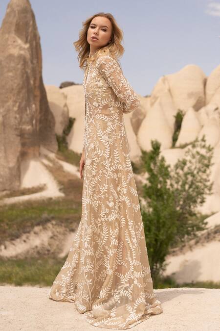 Shop COUTURE BY NIHARIKA Beige Organza Beads Collared Hand Embroidered Jacket Pant Set Online at Aza Fashions Shop_COUTURE BY NIHARIKA_Beige Organza Beads Collared Hand Embroidered Jacket Pant Set _Online_at_Aza_Fashions