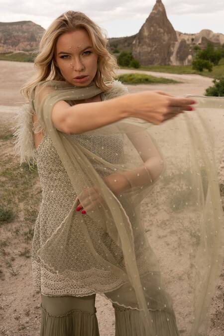 COUTURE BY NIHARIKA Green Organza, Viscose Sequins, Beads, Hand Embroidered Kurta Sharara Set Online at Aza Fashions COUTURE BY NIHARIKA_Green Organza, Viscose Sequins, Beads, Hand Embroidered Kurta Sharara Set _Online_at_Aza_Fashions