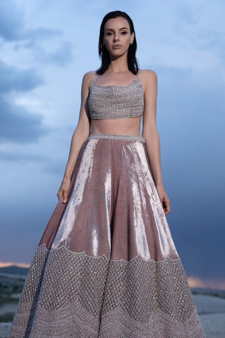 COUTURE BY NIHARIKA Purple Velvet, Organza, Net Sequins, Placement Hand Embroidered Lehenga Set Online at Aza Fashions COUTURE BY NIHARIKA_Purple Velvet, Organza, Net Sequins, Placement Hand Embroidered Lehenga Set _Online_at_Aza_Fashions