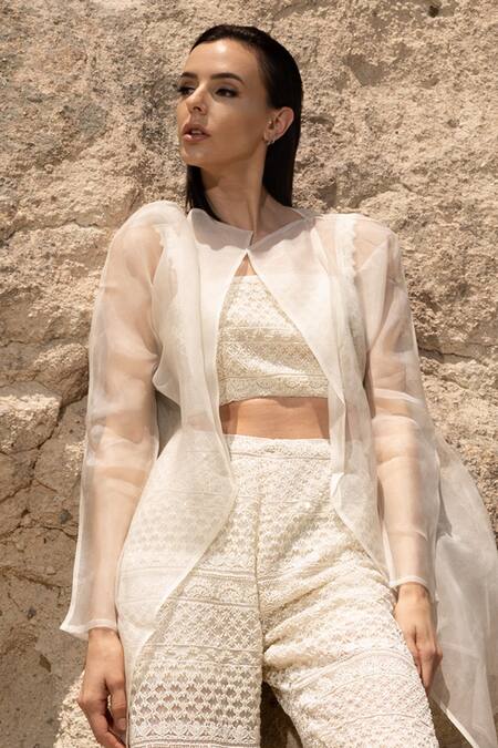 COUTURE BY NIHARIKA Ivory Organza Sequins, Beads Open Neck, Sheer Jacket And Hand Embroidered Pant Set Online at Aza Fashions COUTURE BY NIHARIKA_Ivory Organza Sequins, Beads Open Neck, Sheer Jacket And Hand Embroidered Pant Set _Online_at_Aza_Fashions