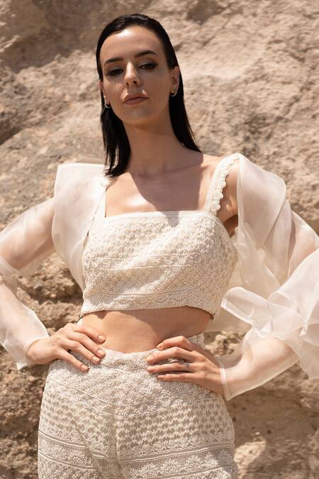 Shop COUTURE BY NIHARIKA Ivory Organza Sequins, Beads Open Neck, Sheer Jacket And Hand Embroidered Pant Set Online at Aza Fashions Shop_COUTURE BY NIHARIKA_Ivory Organza Sequins, Beads Open Neck, Sheer Jacket And Hand Embroidered Pant Set _Online_at_Aza_Fashions